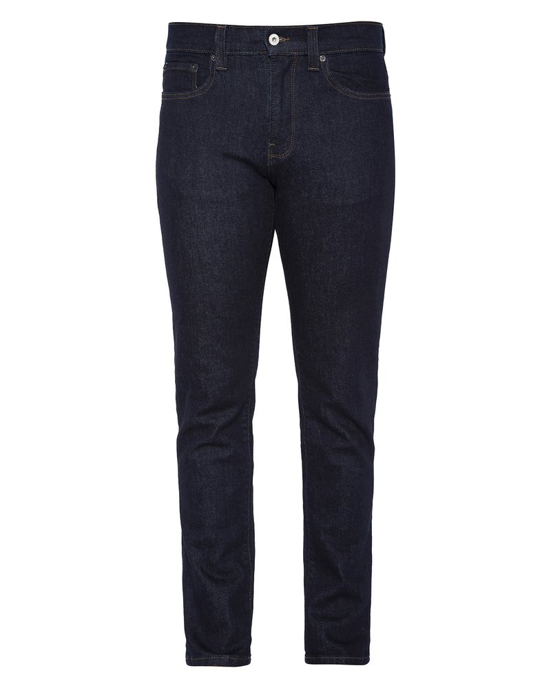 Jeans de mezclilla azul oscuro con corte slim, que presentan un diseño de cinco bolsillos, trabillas para cinturón, y un cierre de botón y cremallera. Textura suave.