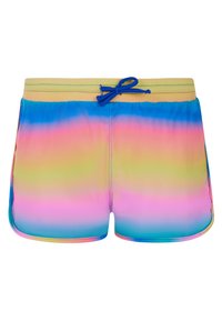 Shorts de bain pour hommes, en mélange de nylon, avec un design dégradé de tons rose, jaune, bleu et vert, dotés d'une taille élastique et d'un cordon de serrage ajustable.