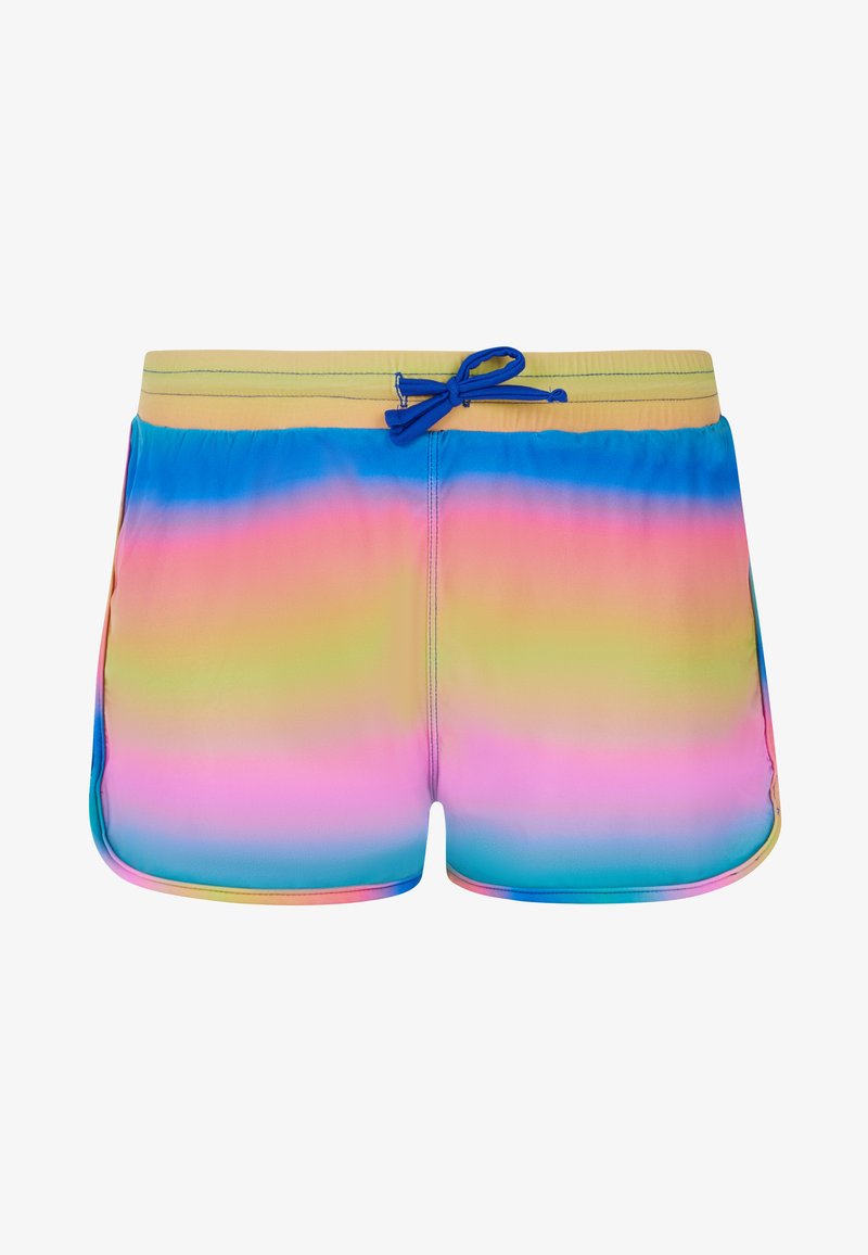 Vyrų maudymosi šortai, pagaminti iš nailono mišinio, su gradientiniu dizainu, kuriame dera rožinė, geltona, mėlyna ir žalia spalvos, su elastingu juosmeniu ir reguliuojama raišteliu.