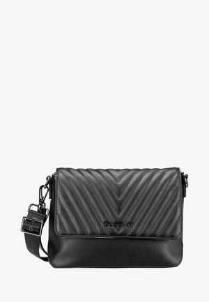 Zwarte schoudertas met een afgewerkte chevron patroon op de klep, een gladde onderkant en een afneembare strap met hardware accenten.