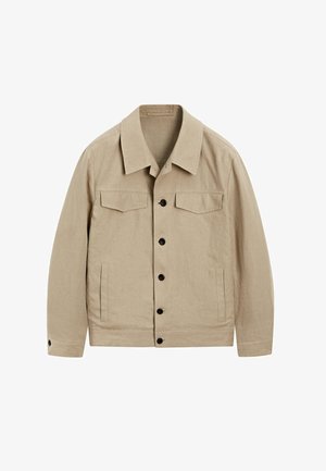 Beige Jacke aus einem strukturierten Stoff. Verfügt über einen Kragen, zwei Brusttaschen und schwarze Knöpfe auf der Vorderseite. Bequeme Passform.