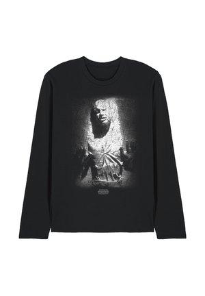Black long-sleeve shirt with a white graphic of a person frozen in a textured block, with the Star Wars logo below.