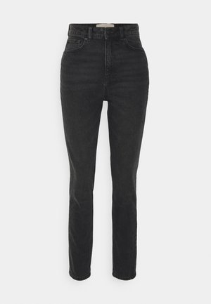 Høytlivs svarte denimjeans med slim fit, som har fem lommer, knappelukking og diskret falming, som gir et teksturert utseende.