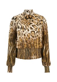 Blouse à imprimé animalier marron et beige avec un col montant, de longues manches bouffantes et une taille smockée, présentant une texture lisse et un éclat subtil.