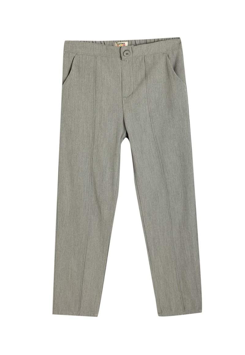 Grå, skräddarsydda byxor med en slät textur, med knappstängning, framfickor och en slim fit-design.