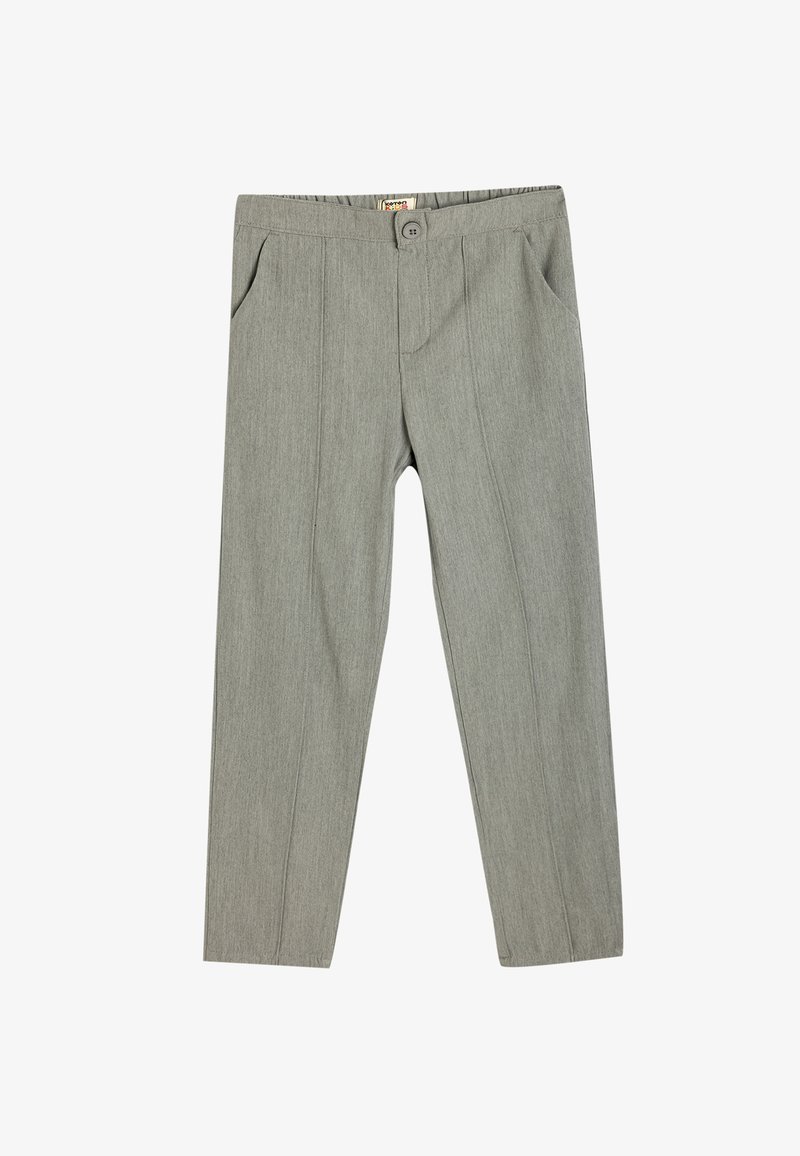 Grå, skräddarsydda byxor med en slät textur, med knappstängning, framfickor och en slim fit-design.
