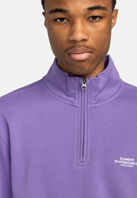 Pullover in pile viola a mezza zip con colletto alto, caratterizzato da una zip frontale e un logo ricamato sul lato sinistro del petto. Tessuto morbido.