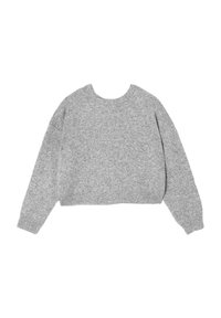 Pull gris court avec un col rond, manches longues et un tissu doux et texturé avec des paillettes subtiles sur toute la surface.