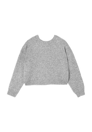 Pull gris court avec un col rond, manches longues et un tissu doux et texturé avec des paillettes subtiles sur toute la surface.
