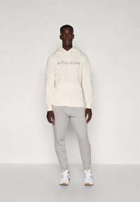 Hellbeiger Hoodie mit "BJÖRN BORG"-Logo, kombiniert mit grauer Jogginghose und weißen Sportschuhen. Glatter Stoff und lockere Passform.