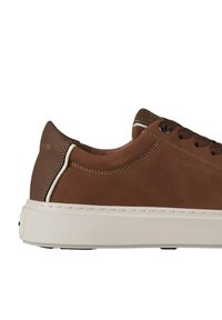 Sneaker basso marrone con suola bianca, dettagli cuciti e lacci marrone scuro, visto di lato su uno sfondo bianco.