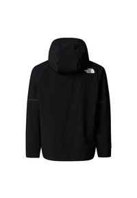 Geacă neagră cu glugă, cu o textură fină, având un logo pe partea superioară a spatelui și cusături contrastante. Design simplu, minimalist, fără ornamente.