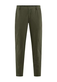 Pantaloni verde oliva realizzati in tessuto morbido, con un design a gamba dritta, tasche frontali e una vita classica con passanti per cintura.