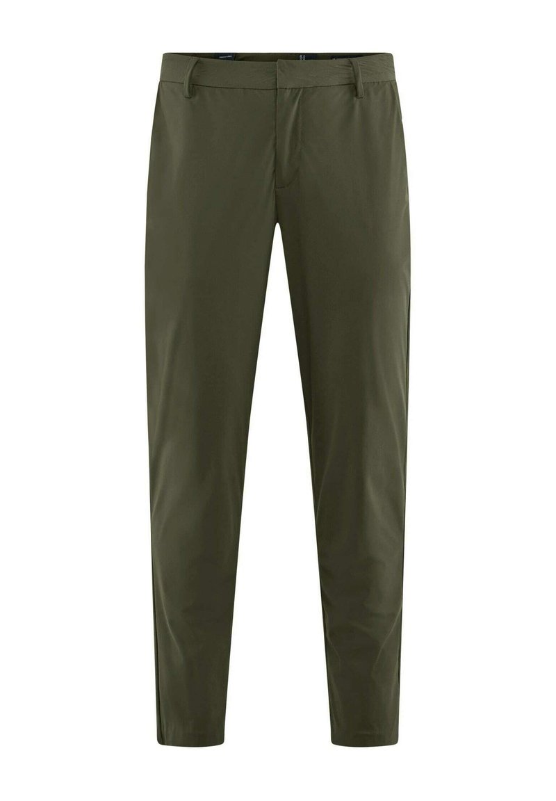 Pantaloni verde oliva realizzati in tessuto morbido, con un design a gamba dritta, tasche frontali e una vita classica con passanti per cintura.