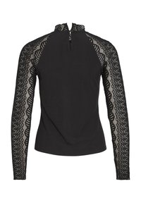 Black long-sleeve top with lace sleeves, featuring a high collar and back zipper. Smooth fabric body with intricate lace pattern on sleeves.