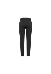 Dark grey fitted trousers with a smooth texture, featuring a waistband and no visible pockets. Simple, straight-leg design.