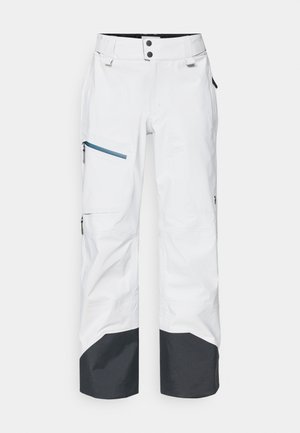 Pantaloni da neve bianchi con un orlo inferiore grigio. Caratteristiche includono tasche con zip, chiusura con bottone e un design elegante e aerodinamico.