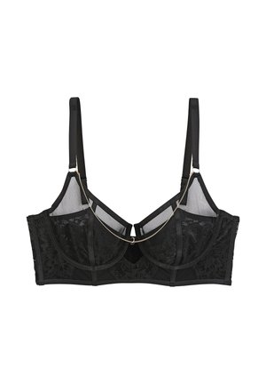 Soutien-gorge en dentelle noire avec armatures et bretelles ajustables, orné d'une délicate chaîne dorée drapée sur le devant.