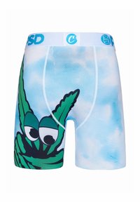 Kolorowe męskie bokserki z niebieskim wzorem chmurek, ozdobione zielonym, kreskówkowym liściem z dużymi oczami oraz jasnoniebieską elastyczną gumką w pasie.