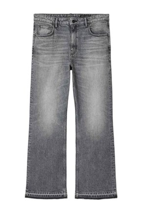 Grey faded straight-leg jeans with classic five-pocket design and button closure at the waist.