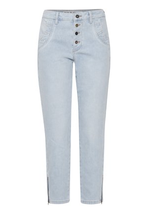 Hellblaue Jeans mit schlankem Schnitt, featuring hoher, durchgehender Knopfverschluss, Fronttaschen und Reißverschlüssen an den Knöcheln. Glatte Denim-Oberfläche.