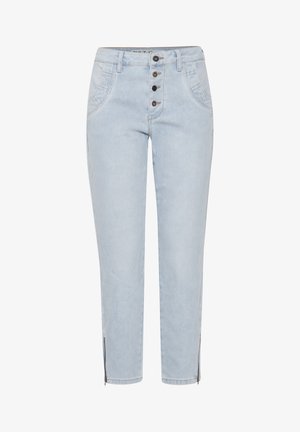 Heledad sinised teksad, millel on slim-fit lõige, kõrgem, nööpidest sulguv talje, ees taskud ja lukud pahkluuni. Sile denimist tekstuur.