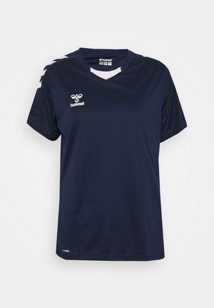 Mørkeblå sportstrøje med korte ærmer, V-hals design og hvide accentstriber på skulderne. Har logo på brystet og tekstureret stof.
