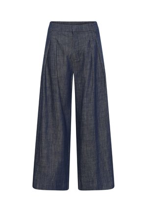 Weit geschnittene Jeanshosen aus dunklem Denim mit Vorderfalten und einem enganliegenden Bund, entworfen für eine entspannte, moderne Silhouette.