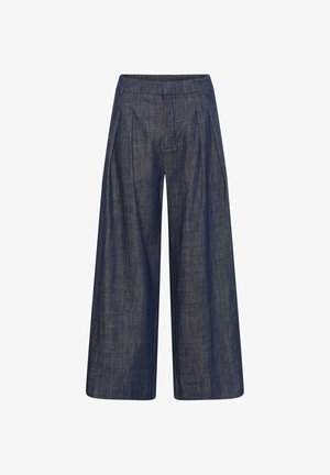 Weit geschnittene Jeanshosen aus dunklem Denim mit Vorderfalten und einem enganliegenden Bund, entworfen für eine entspannte, moderne Silhouette.