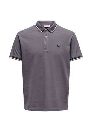 Grijs poloshirt met korte mouwen, knoopsluiting, wit-zwart gestreepte kraag en manchetten, en een klein logo op de linkerborst.