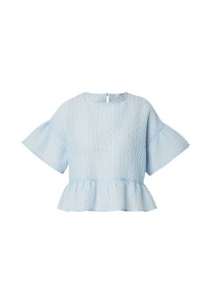 Lichtblauwe, gestructureerde korte mouwen blouse met ronde hals, uitlopende mouwen en peplum zoom, knoopsluiting aan de achterkant.