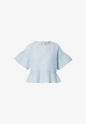 Lichtblauwe, gestructureerde korte mouwen blouse met ronde hals, uitlopende mouwen en peplum zoom, knoopsluiting aan de achterkant.
