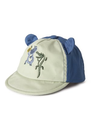 Casquette enfant avec devant vert clair, côtés et oreilles bleus, hippopotame et crocodile de dessin animé brodés sur le panneau avant.