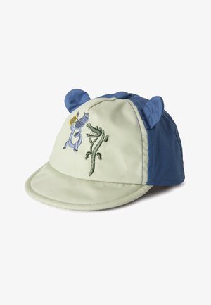 Gorra infantil con parte frontal verde claro, laterales y orejas azules, con hipopótamo y cocodrilo de dibujos bordados en el panel frontal.