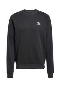 Felpa nera Adidas con girocollo, maniche lunghe e logo trefoil bianco sul petto a sinistra, con polsini e orlo a costine.