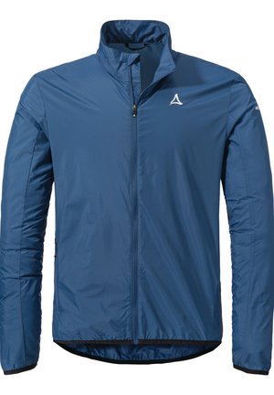 Blaues, leichtes Jacket mit hohem Kragen, Reißverschluss vorne und elastischen Bündchen. Es hat eine glatte Textur und ein kleines Logo auf der Brust.