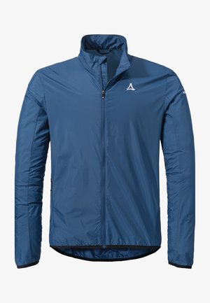 Blaues, leichtes Jacket mit hohem Kragen, Reißverschluss vorne und elastischen Bündchen. Es hat eine glatte Textur und ein kleines Logo auf der Brust.