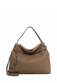 Leather handbag in taupe with a slouchy design, featuring a front zipper pocket and a detachable keychain accent. Adjustable shoulder strap.