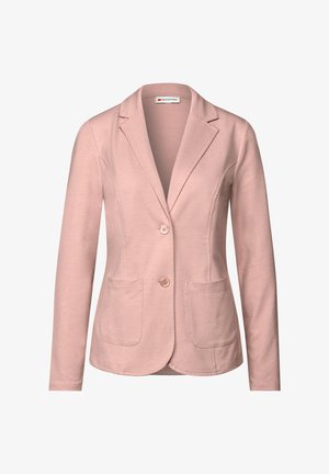 Blazer rosa hecho de tela suave, con cuello con muesca, dos bolsillos delanteros y cierre de un solo botón. Textura suave y corte entallado.
