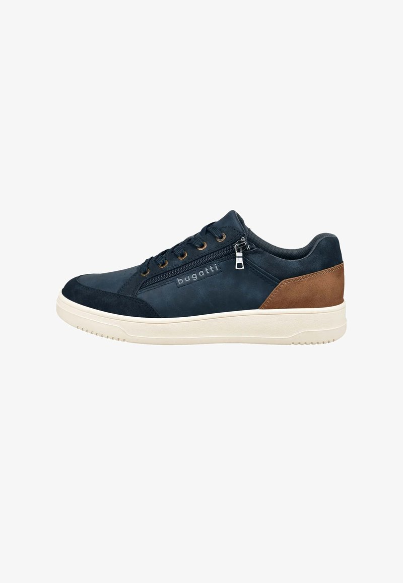 Blue leather sneaker with brown suede accents, cream sole, lace-up closure, and side zipper detail. Features a logo on the side.
