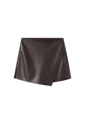 Black faux leather mini skirt featuring a wrap design with an asymmetric hem and smooth texture. Zipper closure on the side.
