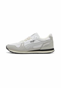 White sneaker with grey suede and mesh upper, lace-up design, padded collar, black rubber sole, and printed logo on the side.