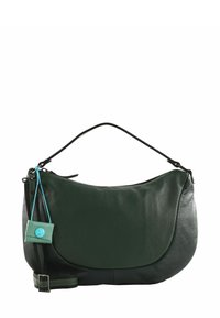Borsa a tracolla verde in pelle con forma curva, superficie testurizzata, pannello inferiore nero e etichetta blu staccabile. Include una tracolla.