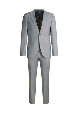 Hellgrauer zweiteiliger Herrenanzug mit Sakko mit Kerb-Revers, Zweiknopfverschluss vorne, Pattentaschen und passenden gerade geschnittenen Hosen.