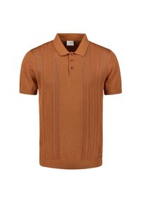 Korte mouwen polo t-shirt in verbrand-oranje, met een gestructureerd breipatroon en een geribde zoom. Drievoudige knoopsluiting, zachte stof.