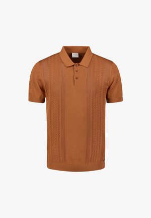 Short-sleeve polo shirt in burnt orange, featuring a textured knit pattern and ribbed hem. Three-button placket, soft fabric.