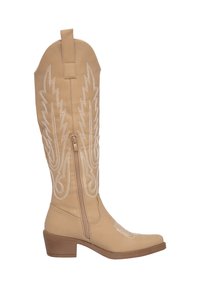 Botas beige de ante hasta la rodilla, hechas de cuero sintético, con costuras decorativas en blanco, un cierre lateral y un tacón bajo tipo bloque.