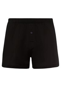 Boxers de algodón negros con una textura suave, que cuentan con una cintura elástica y un cierre frontal de botón. Sin patrones ni adornos.