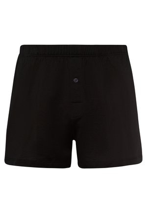 Zwarte katoenen boxershorts met een zachte textuur, voorzien van een elastische tailleband en een knoopsluiting aan de voorkant. Geen patronen of accenten.