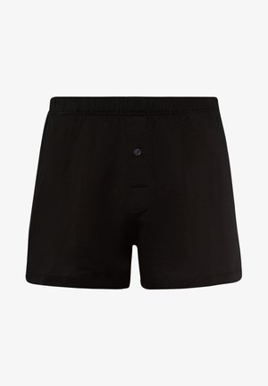 Zwarte katoenen boxershorts met een zachte textuur, voorzien van een elastische tailleband en een knoopsluiting aan de voorkant. Geen patronen of accenten.
